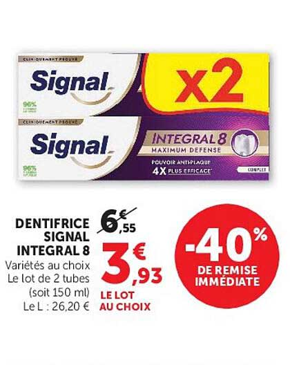 DENTIFRICE SIGNAL INTEGRAL 8 Variétés au choix Le lot de 2 tubes (soit 150 ml) Le L : 26,20 €