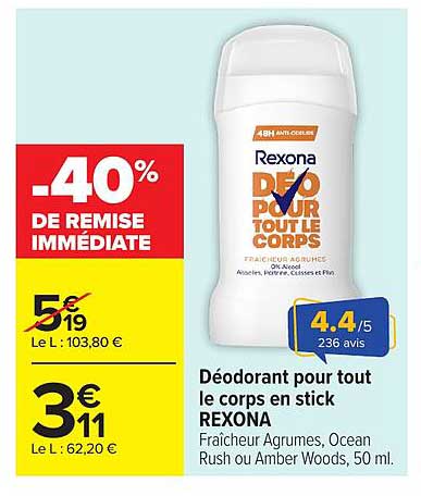 Déodorant pour le corps en stick REXONA