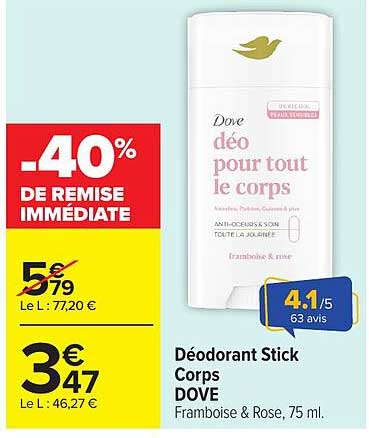 Déodorant Stick Corps DOVE Framboise & Rose, 75 ml