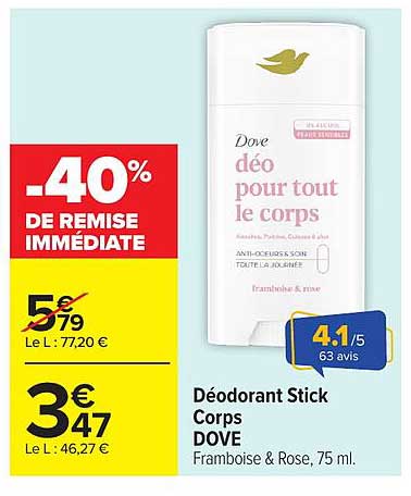 Déodorant Stick Corps DOVE Framboise & Rose, 75 ml.