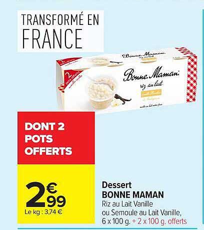 DESSERT BONNE MAMAN Riz au Lait Vanille ou Semoule au Lait Vanille, 6 x 100 g + 2 x 100 g offerts