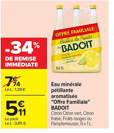 Eau minérale pétillante aromatisée "Offre Familiale" BADOIT