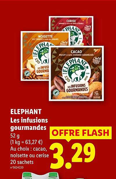 ELEPHANT Les infusions gourmandes 52 g (1 kg = 63,27 €) Au choix : cacao, noisette ou cerise 20 sachets n°5624220 OFFRE FLASH