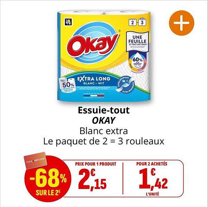 Essuie-tout OKAY Blanc extra Le paquet de 2 = 3 rouleaux