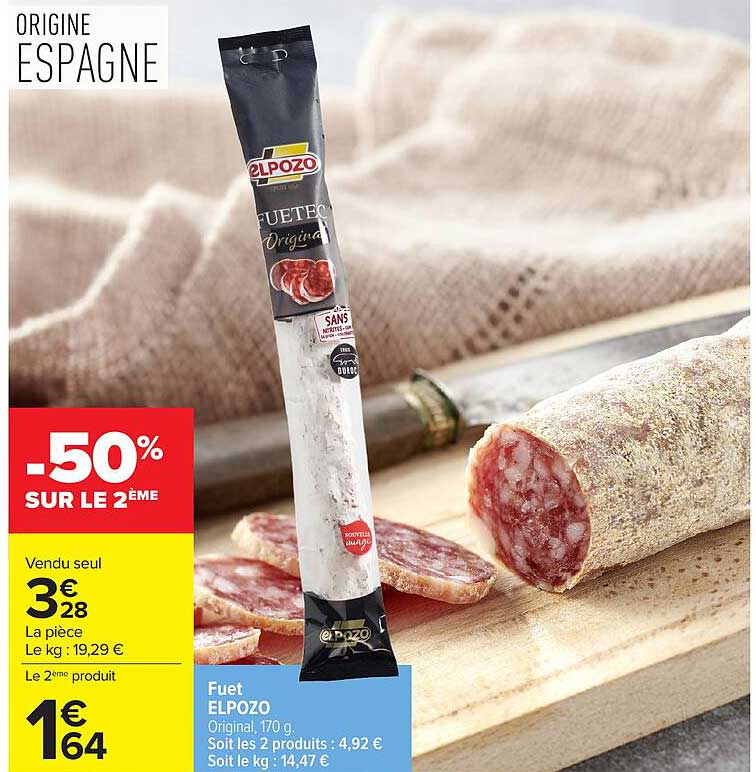 Fuet ELPOZO Original, 170 g. Soit les 2 produits : 4,92 € Soit le kg : 14,47 €
