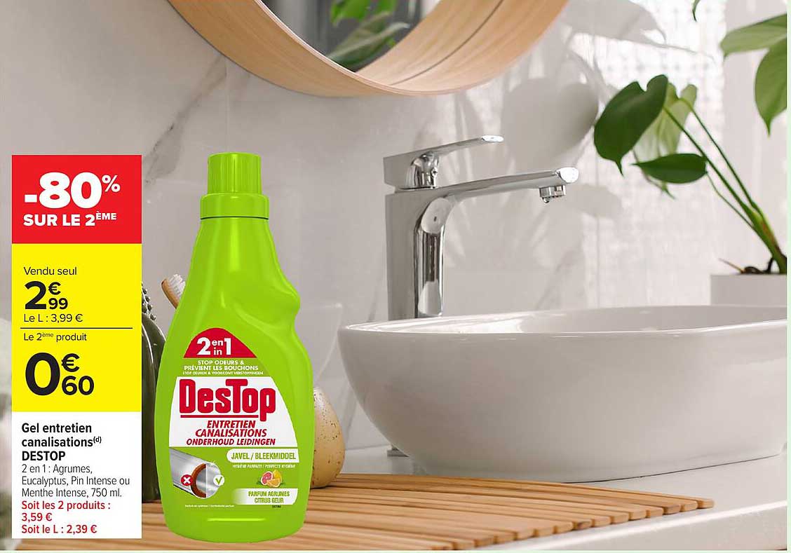 Gel entretien canalisations DESTOP 2 en 1