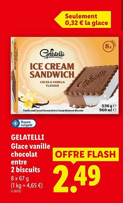 GELATELLI Glace vanille chocolat entre 2 biscuits 8 x 67 g