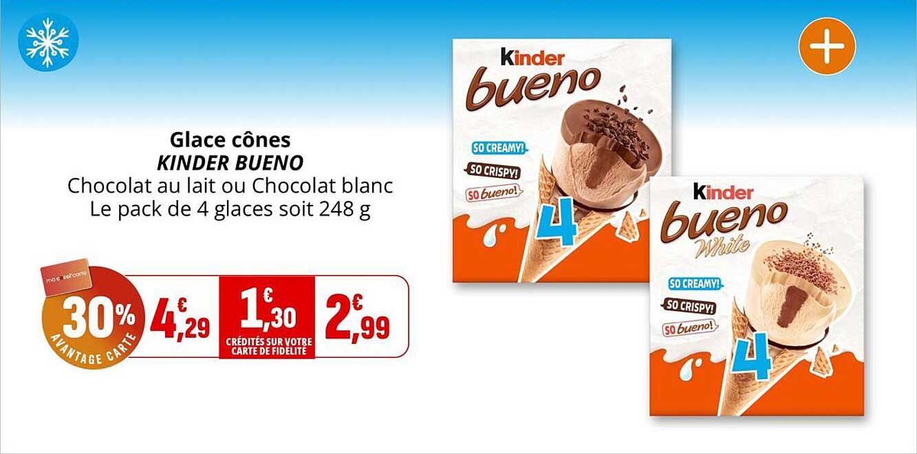 Glace cônes KINDER BUENO Chocolat au lait ou Chocolat blanc Le pack de 4 glaces soit 248 g