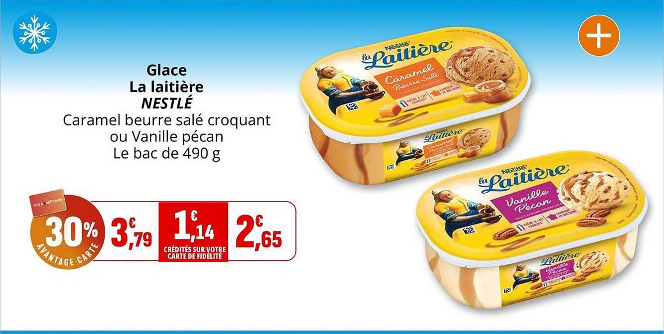 Glace La laitière NESTLÉ Caramel beurre salé croquant ou Vanille pécan Le bac de 490 g