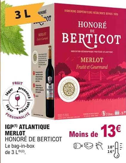 IGP(1) ATLANTIQUE MERLOT HONORÉ DE BERTICOT Le bag-in-box de 3 L
