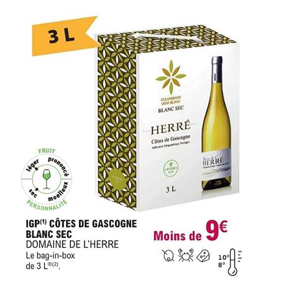 IGP(1) CÔTES DE GASCOGNE BLANC SEC DOMAINE DE L'HERRE Le bag-in-box de 3 L(2)