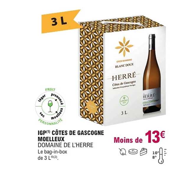 IGP(1) CÔTES DE GASCOGNE MOELLEUX DOMAINE DE L’HERRE Le bag-in-box de 3 L®(2).
