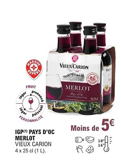 IGP(1) PAYS D'OC MERLOT VIEUX CARION 4 x 25 cl (1 L).