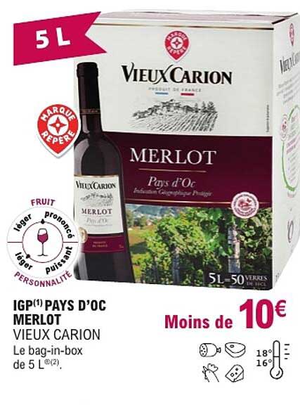 IGP(1) PAYS D’OC MERLOT VIEUX CARION Le bag-in-box de 5 L(2).