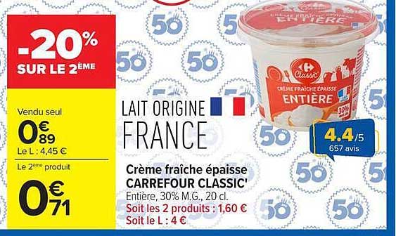 LAIT ORIGINE FRANCE Crème fraîche épaisse CARREFOUR CLASSIC' Entière, 30% M.G., 20 cl.