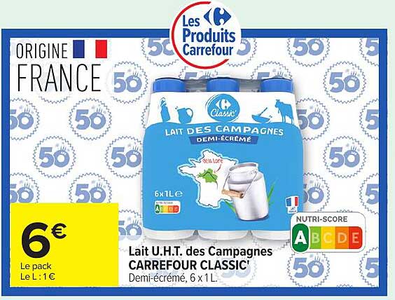 Lait U.H.T. des Campagnes CARREFOUR CLASSIC'