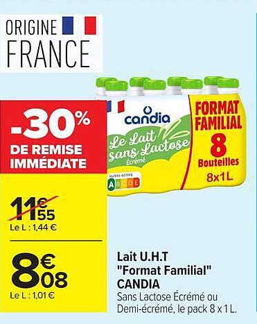Lait U.H.T "Format Familial" CANDIA Sans Lactose Écrémé ou Demi-écrémé, le pack 8 x 1 L
