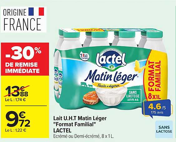 Lait U.H.T Matin Léger "Format Familial" LACTEL