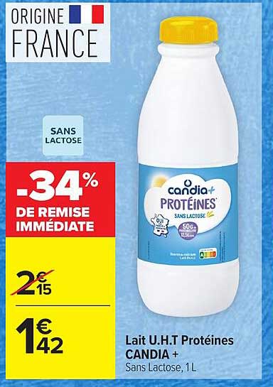 Lait U.H.T Protéines CANDIA + Sans Lactose, 1L