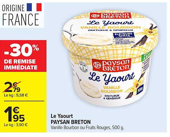 Le Yaourt PAYSAN BRETON Vanille Bourbon ou Fruits Rouges, 500 g.