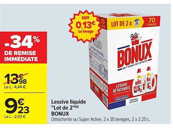 Lessive liquide "Lot de 2" BONUX Détachante ou Super Active, 2 x 35 lavages, 2 x 2.25 L.