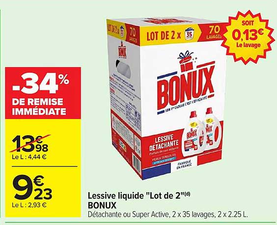 Lessive liquide "Lot de 2"(d) BONUX Détachante ou Super Active, 2 x 35 lavages, 2 x 2.25 L.