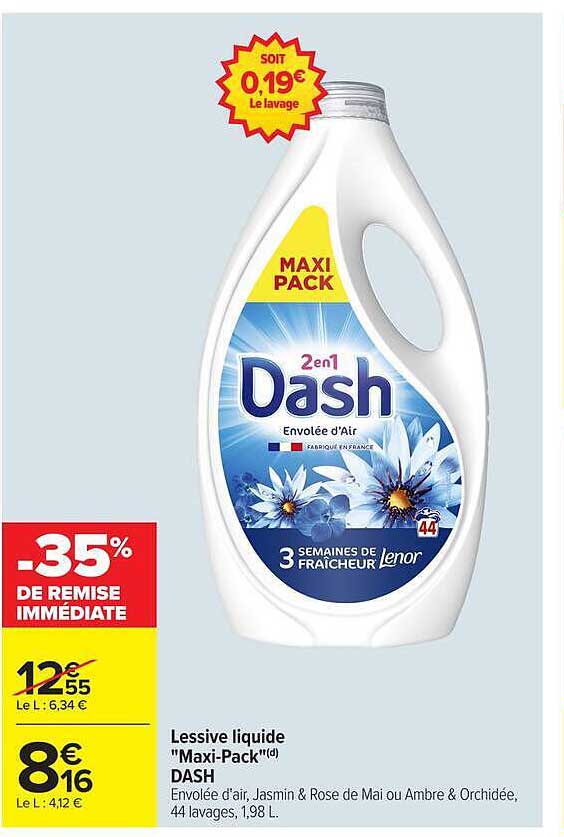 Lessive liquide "Maxi-Pack" DASH Envolée d'air, Jasmin & Rose de Mai ou Ambre & Orchidée, 44 lavages, 1,98 L.