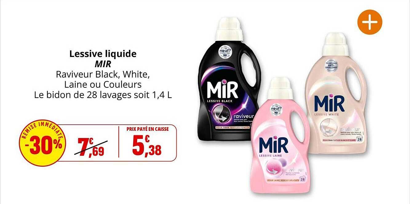 Lessive liquide MIR Raviveur Black, White, Laine ou Couleurs Le bidon de 28 lavages soit 1,4 L