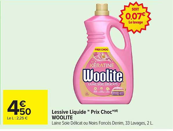 Lessive Liquide " Prix Choc"(d) WOOLITE Laine Soie Délicat ou Noirs Foncés Denim, 33 Lavages, 2 L.