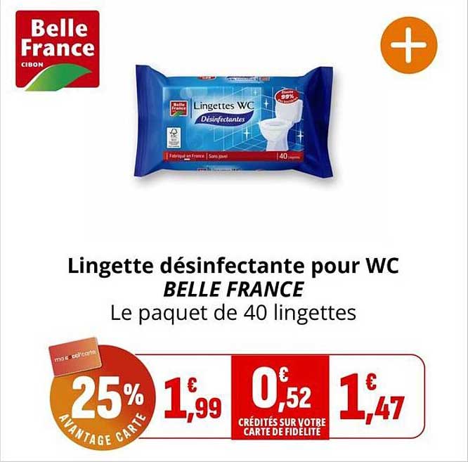 Lingette désinfectante pour WC BELLE FRANCE Le paquet de 40 lingettes