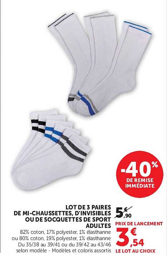 LOT DE 3 PAIRES DE MI-CHAUSSETTES, D'INVISIBLES OU DE SOCQUETTES DE SPORT ADULTES