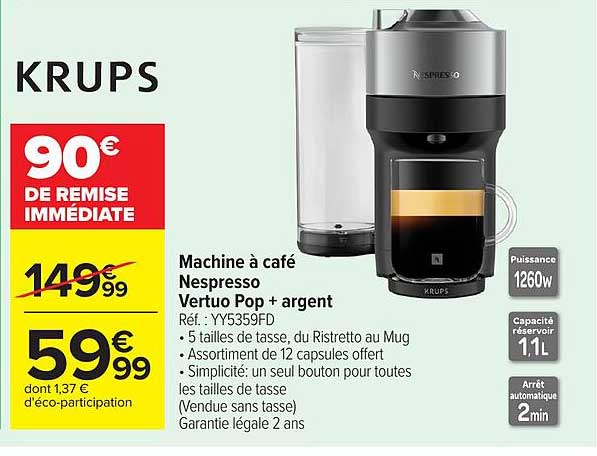 Machine à café Nespresso Vertuo Pop + argent