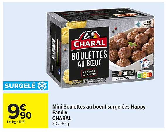 Mini Boulettes au boeuf surgelées Happy Family CHARAL 30 x 30 g.