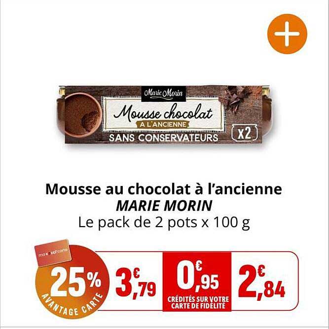 Mousse au chocolat à l'ancienne MARIE MORIN Le pack de 2 pots x 100 g