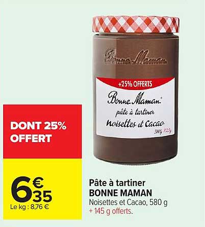 Pâte à tartiner BONNE MAMAN Noisettes et Cacao, 580 g + 145 g offerts.