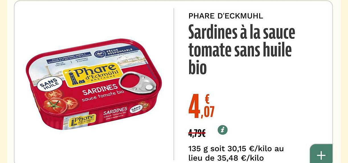 PHARE D'ECKMULH Sardines à la sauce tomate sans huile bio