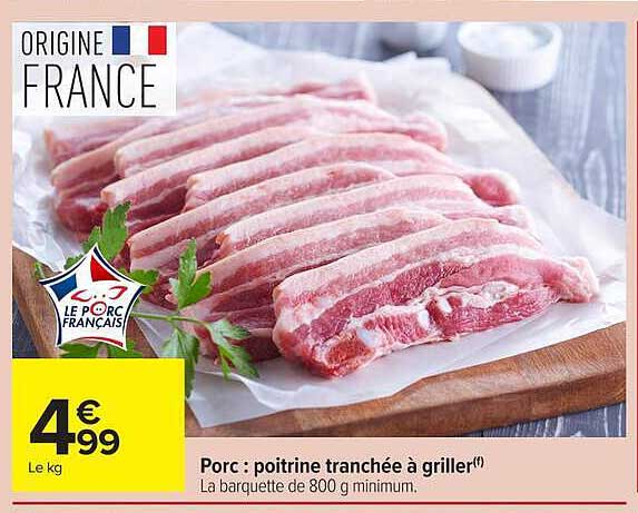 Porc : poitrine tranchée à griller(f)