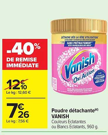 Poudre détachante(d) VANISH Couleurs Éclatantes ou Blancs Éclatants, 960 g.