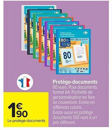 Protège-documents 80 vues. Pour documents format A4. Pochette de personnalisation en 1ère de couverture. Existe en différents coloris. Existe aussi en protège-documents 120 vues à un prix différent.