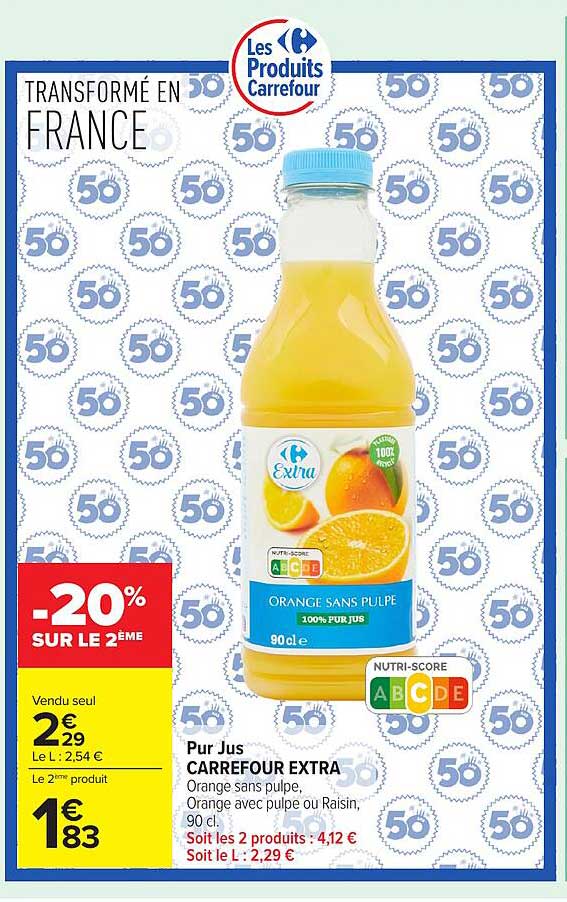 Pur Jus CARREFOUR EXTRA Orange sans pulpe, Orange avec pulpe ou Raisin, 90 cl.