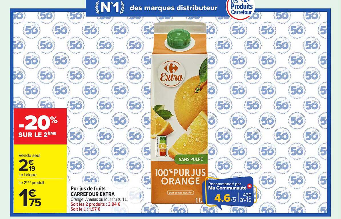 Pur jus de fruits CARREFOUR EXTRA Orange, Ananas ou Multifruits, 1L