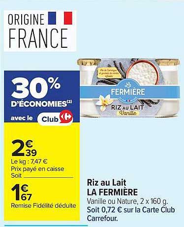 Riz au Lait LA FERMIERE Vanille ou Nature, 2 x 160 g