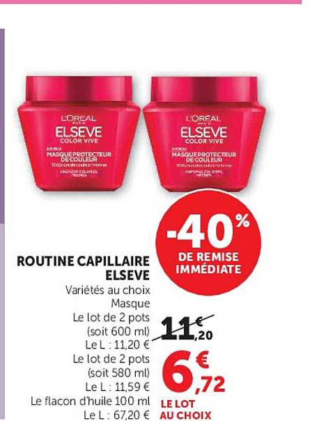 ROUTINE CAPILLAIRE ELSEVE Variétés au choix Masque Le lot de 2 pots (soit 600 ml)