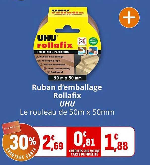 Ruban d’emballage Rollafix UHU Le rouleau de 50m x 50mm