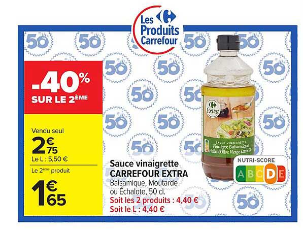 Sauce vinaigrette CARREFOUR EXTRA Balsamique, Moutarde ou Échalote, 50 cl