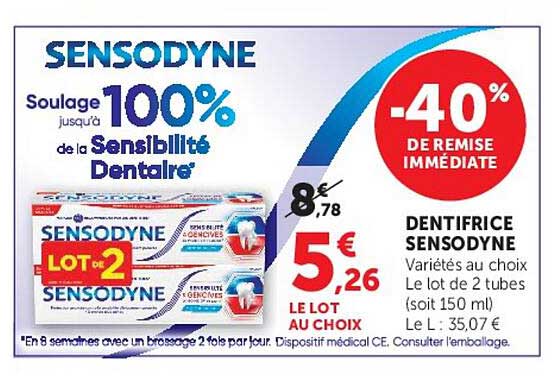 SENSODYNE -40% DE REMISE IMMÉDIATE DENTIFRICE SENSODYNE Variétés au choix Le lot de 2 tubes (soit 150 ml)