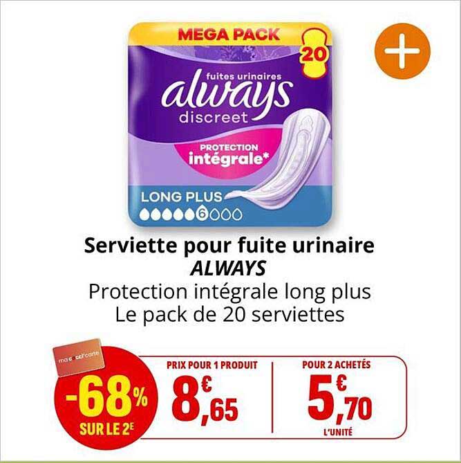 Serviette pour fuite urinaire ALWAYS Protection intégrale long plus Le pack de 20 serviettes