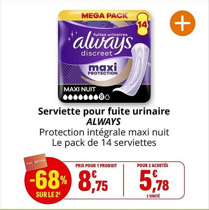 Serviette pour fuite urinaire ALWAYS Protection intégrale maxi nuit Le pack de 14 serviettes