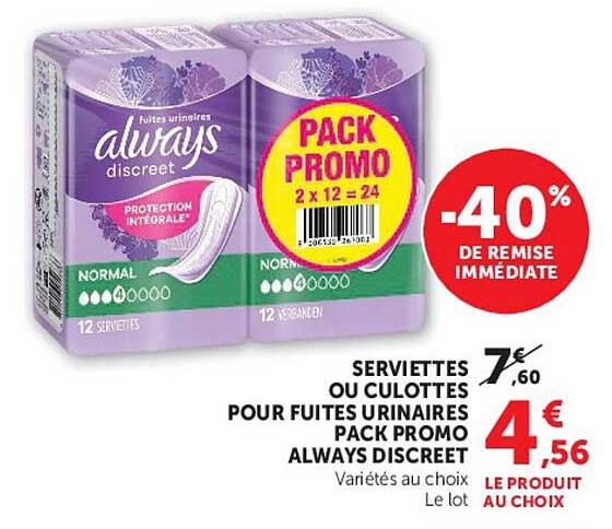 SERVIETTES OU CULOTTES POUR FUITES URINAIRES PACK PROMO ALWAYS DISCREET