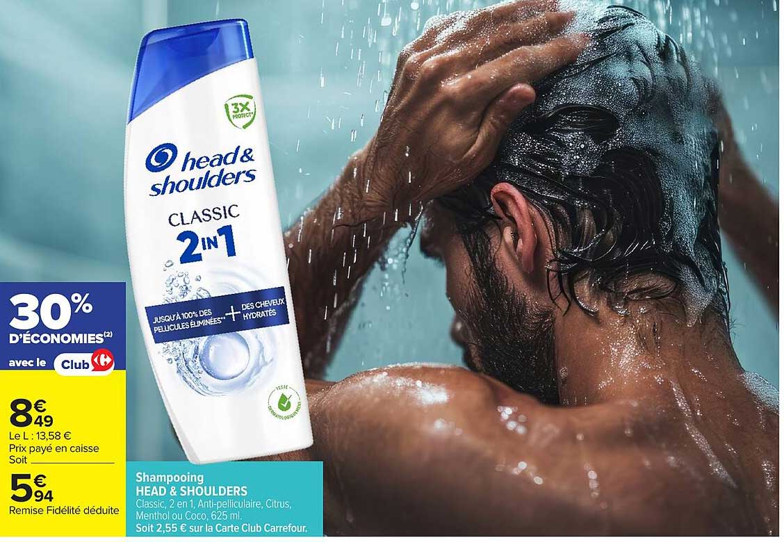 Shampooing HEAD & SHOULDERS Classic, 2 en 1, Anti-pelliculaire, Citrus, Menthol ou Coco, 625 ml